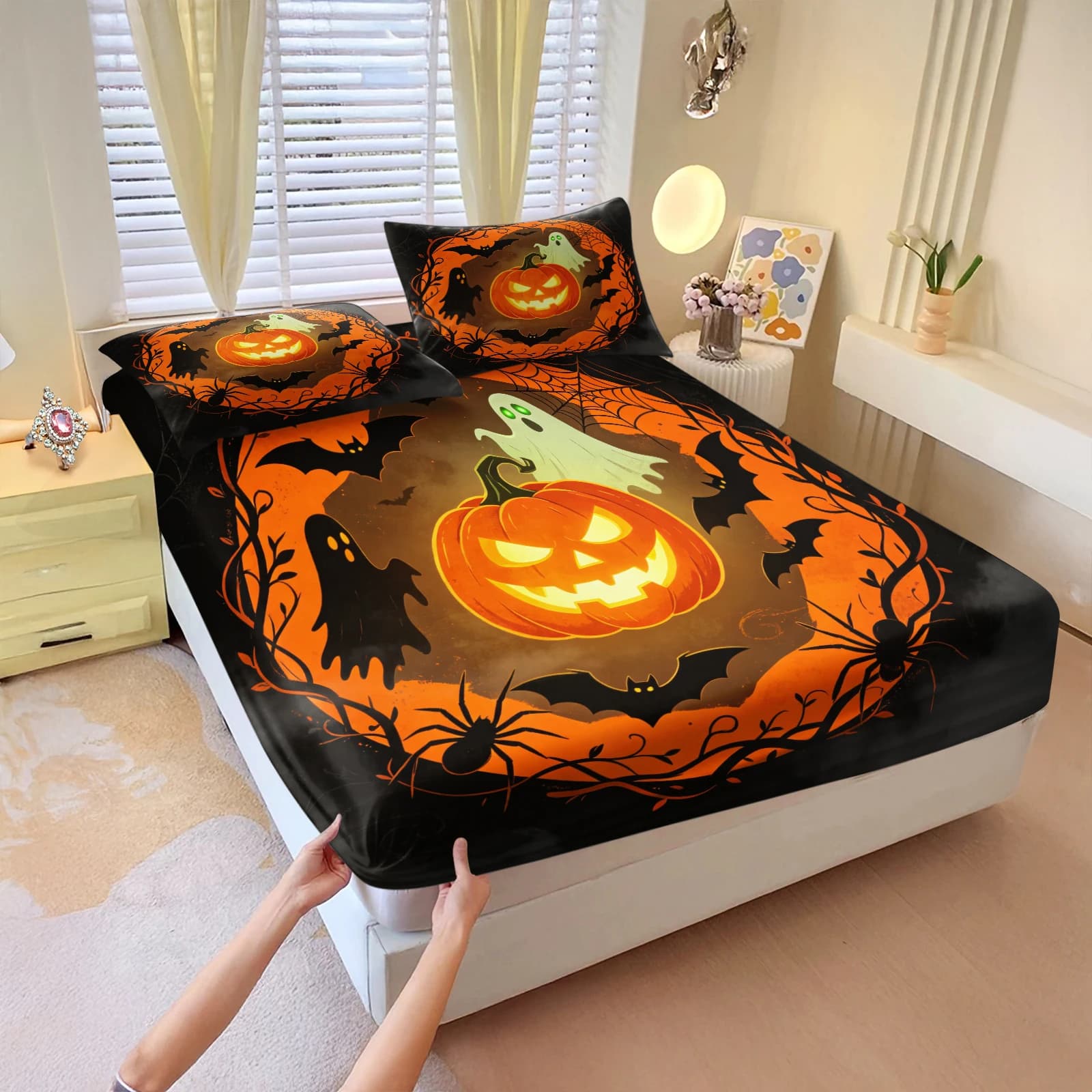 Halloween Fitted Sheet Set Spooky Jack‑O'‑Lantern Ghost Bat Spider Vine Print Deep Pocket Mattress Cover with 2 Pillow Cases
