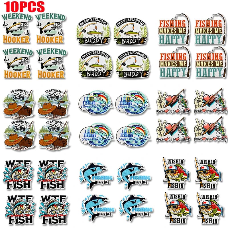 10PCS Sea Fishing Theme Outdoor Wild Fishing Embroidery Patches Iron On Patches For Clothing Fishing Rod Sea Fish Pattern Patch
