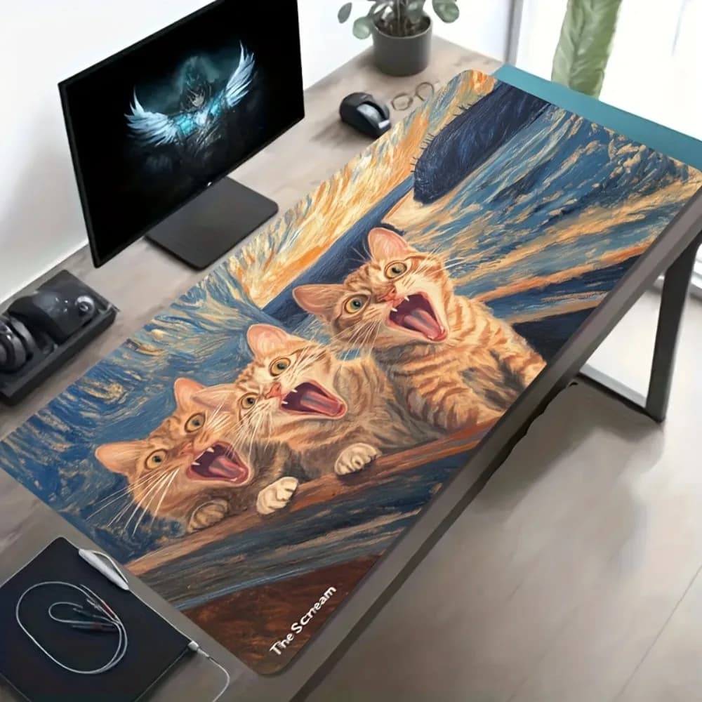 Tappetino per mouse grande The Scream Cat Parody, tappetino da scrivania esteso antiscivolo per gaming, tappetino impermeabile per tastiera per PC