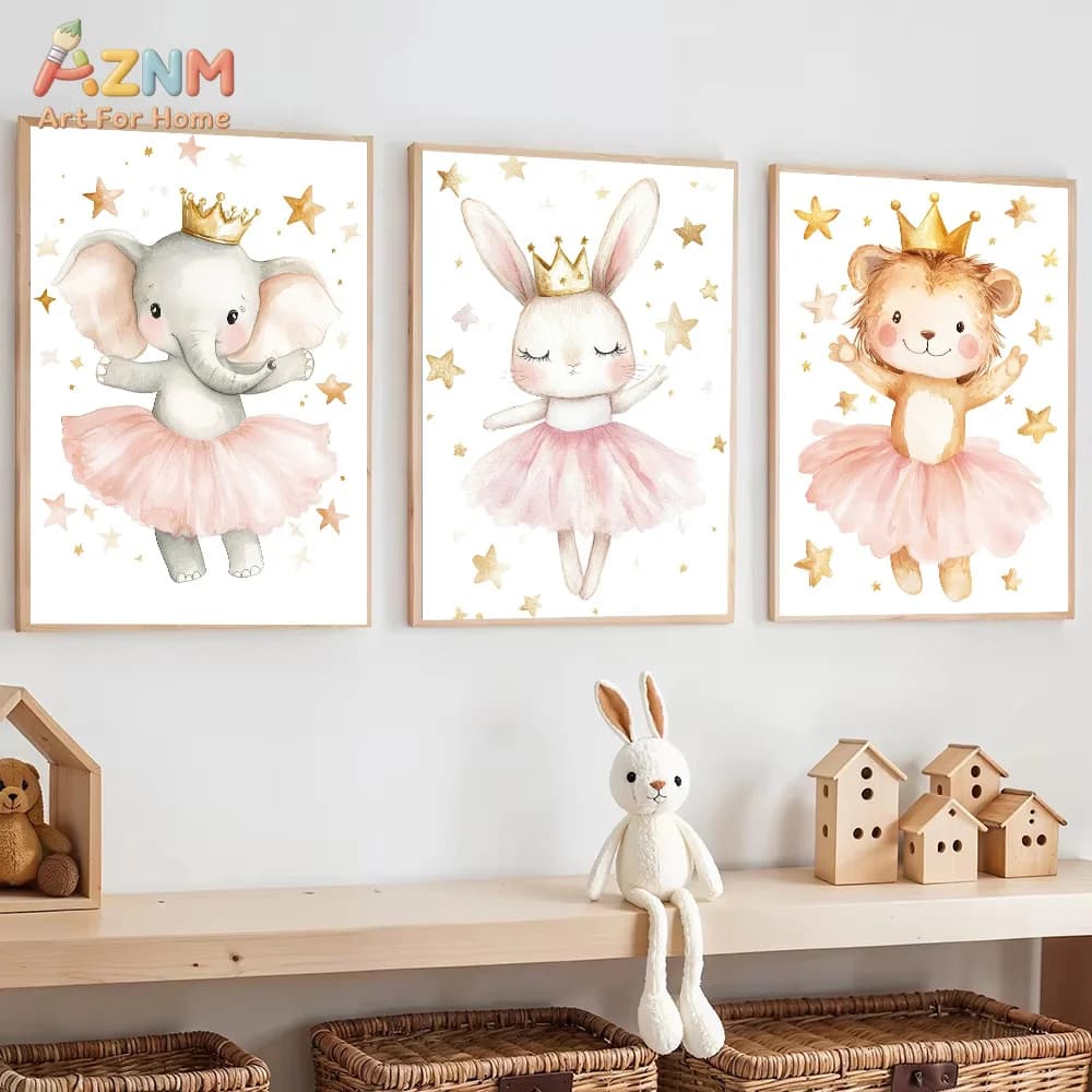 AZNM Watercolor Ballet Animal Canvas Print Crown Elephant Bunny Lion Star Pattern Nursery Girls Room Wall Decor Unframed Canvas