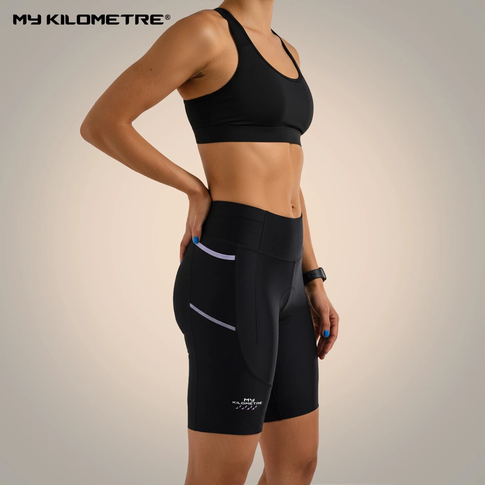 MY KILOMETRE Women's triathlon shorts with 8 inch inner seam - Fast drying cycling shorts with side pockets Compression fit Strong cuts
