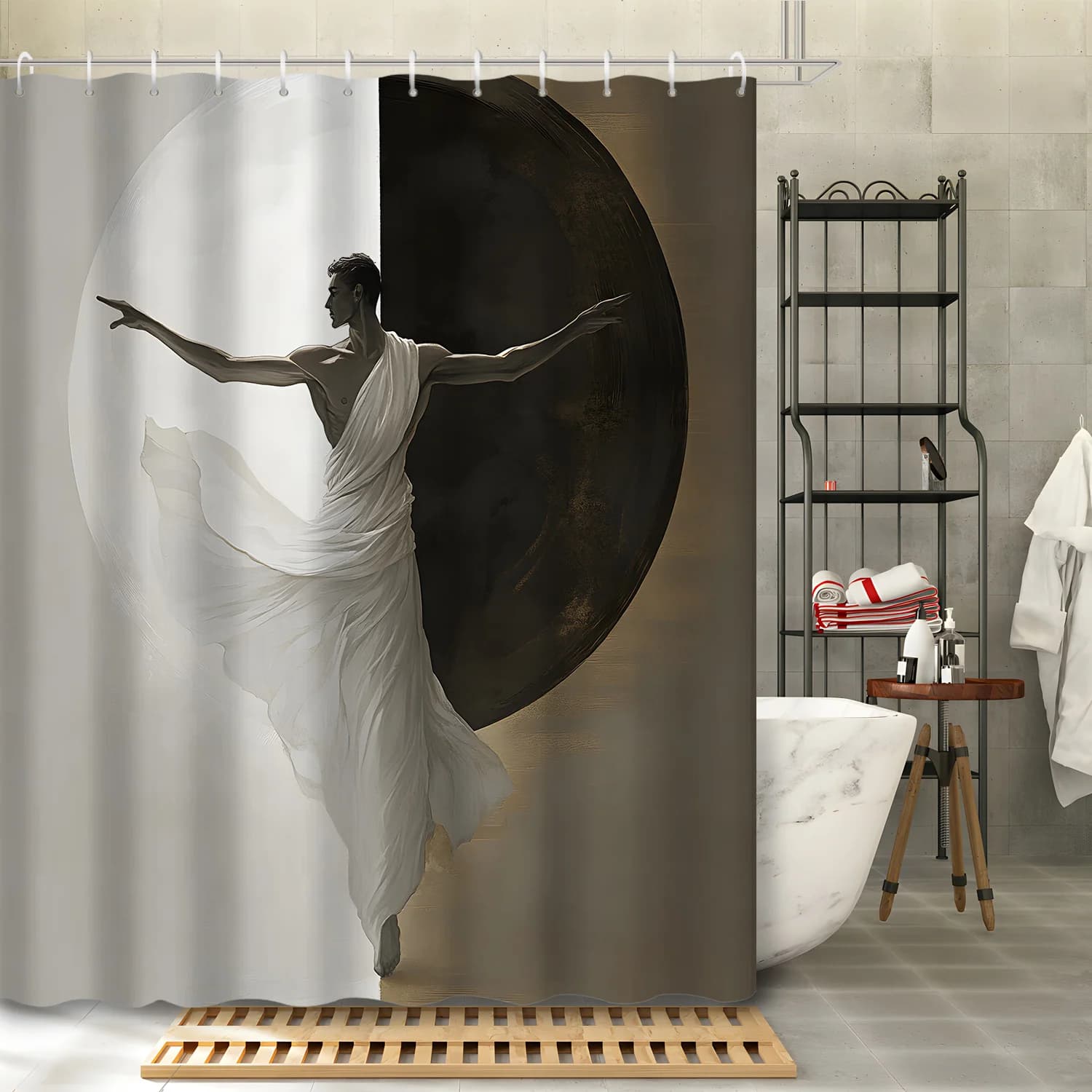 Tenda da doccia Zen Yoga figura semicircolare in bianco e nero da 1 pezzo, tenda da bagno stampata decorativa con 12 ganci, bagno