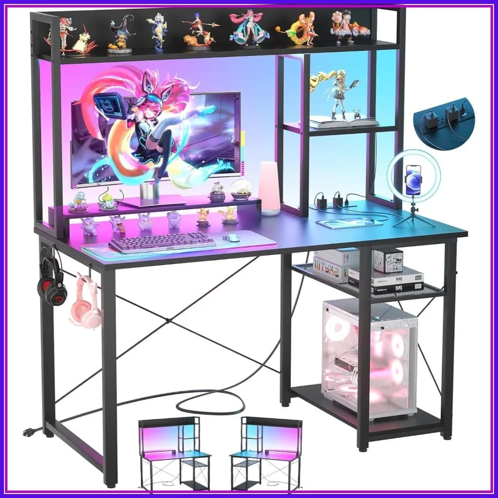 Scrivania da Gaming 39 Pollici con Soppalco, Luci LED e Prese di Corrente, Ripiani Reversibili a 5 Livelli, Supporto Monitor per Spazi Ristretti