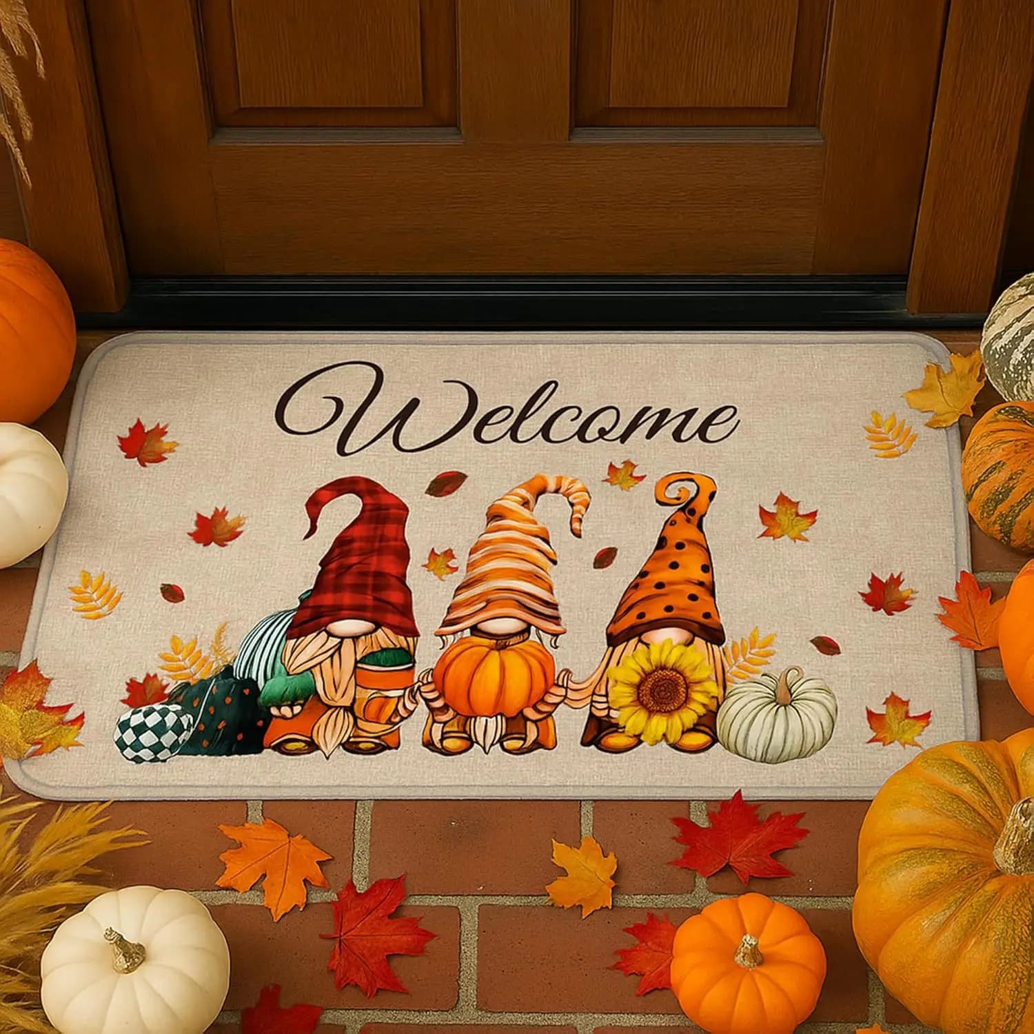 VIKAMA Autumn Welcome Floor Mat Thanksgiving Anti-Slip Mat Indoor and Outdoor Dwarf Pumpkin Kitchen Carpet Home Decoration