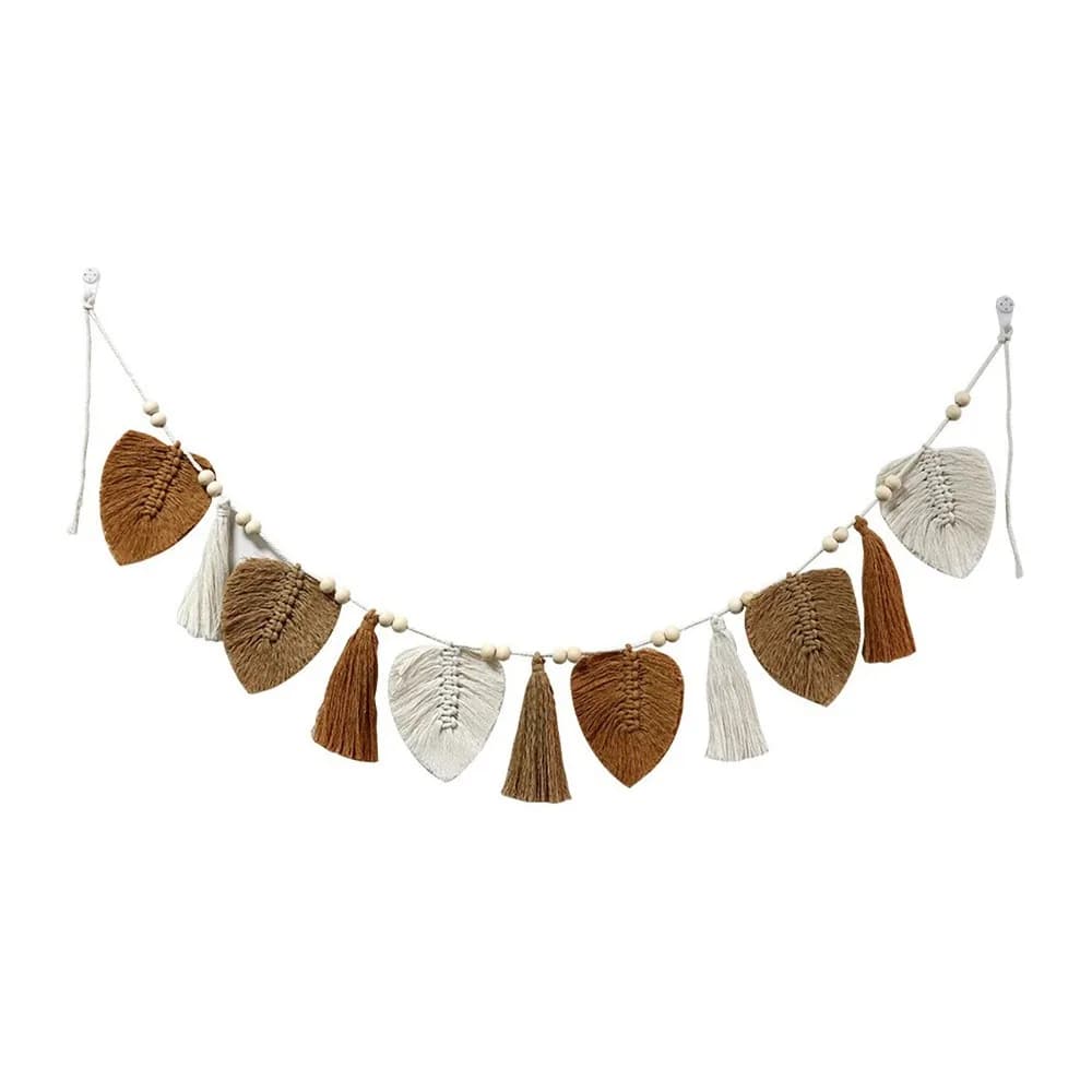 Boho 150cm Wall Hanging Garland Green Leaves Woven Tapestry Wooden Beads Yarn Tassels Leaf Wall Banner Background‑wall