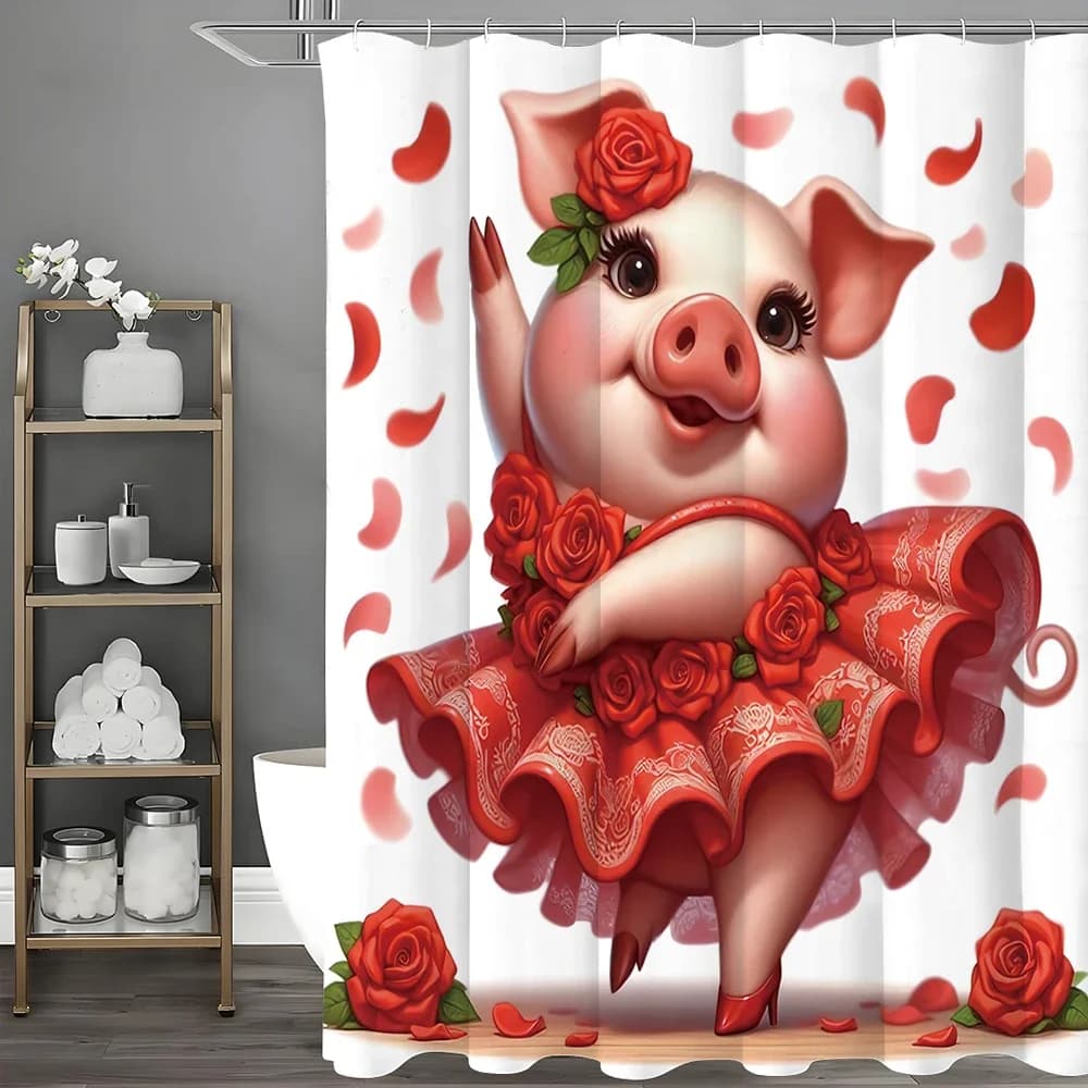 Tenda da doccia con petali di vestito rosso rosa con maialino danzante, tenda da doccia decorativa per il bagno, tenda da doccia impermeabile con ganci