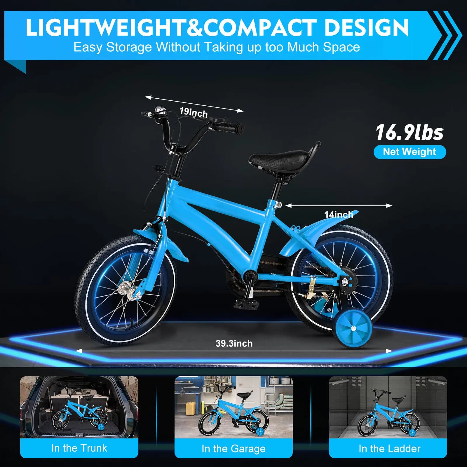 Bicicletta per bambini da 14 pollici con rotelle per bambini dai 3 ai 4 anni, telaio leggero e resistente, colore blu, protezione di sicurezza per la guida stabile.