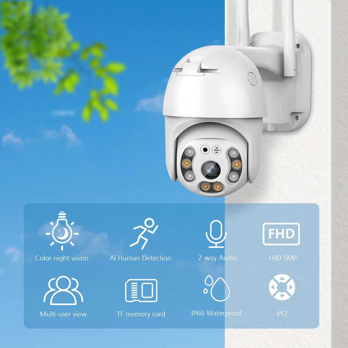 2MP 1080P YCC365 APP Full Color Wireless PTZ Citofono IP Dome Camera AI Rilevazione umanoide Sicurezza domestica CCTV Baby Monitor