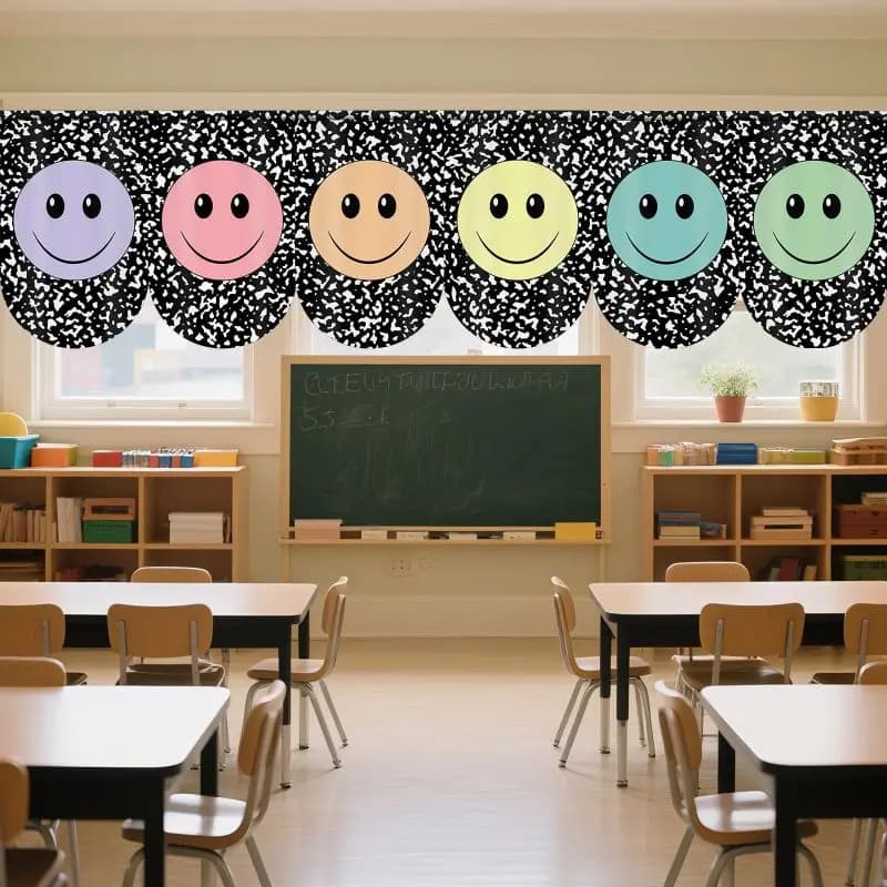 VIKAMA Pastel Smiley Face Window Valance Terrazzo Fabric Short Curtain Back To School Kindergarten Classroom Window Decor
