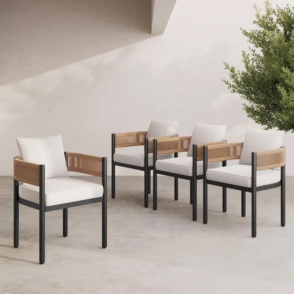 Set di 4 sedie da pranzo per esterni, 4 sedie da pranzo per patio, sedie da patio fisse in vimini intrecciato in metallo con cuscini beige chiaro