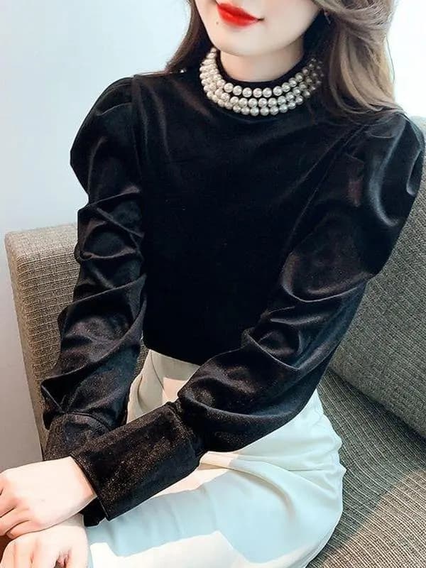 Gold Velvet Long Sleeve Base Shirt Women's Autumn Winter Fashion Heavy Embroidery Slim Fit Stand Collar T-Shirt Top
