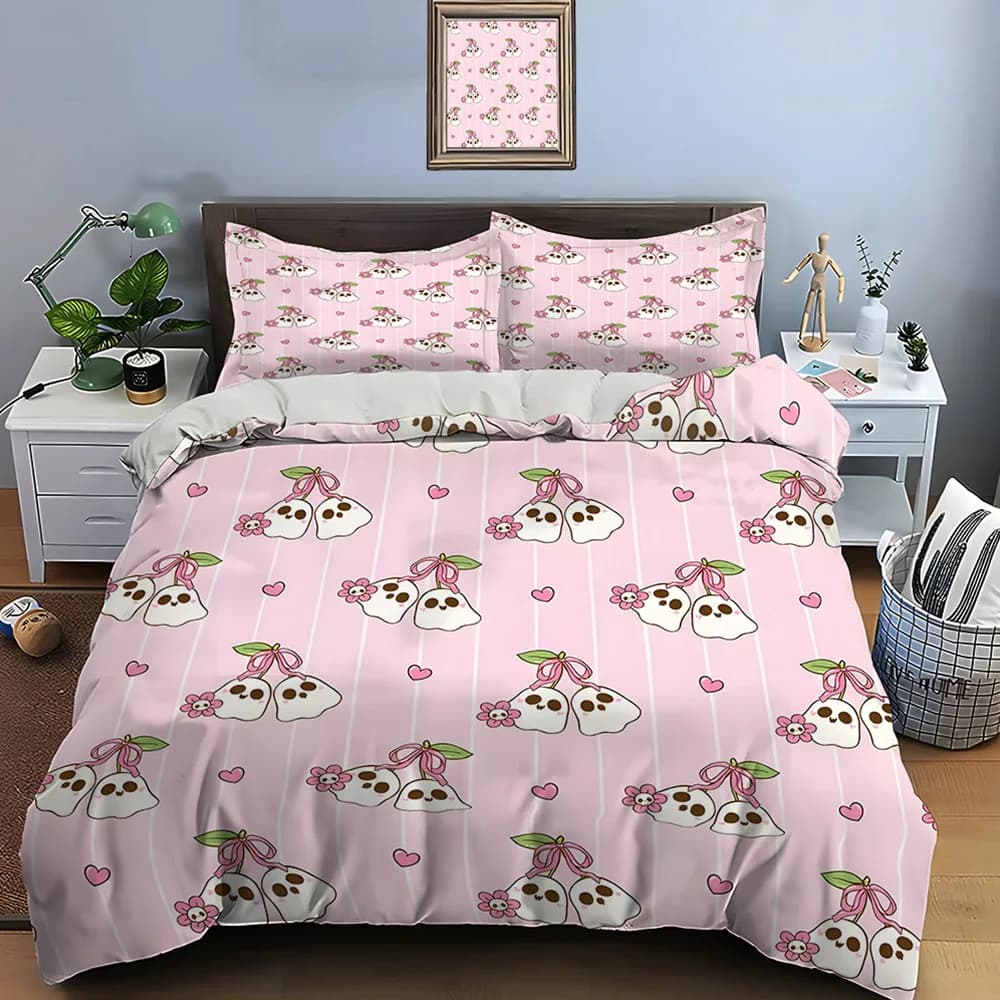 Set copripiumino con motivo di fantasmi e fiori carini su sfondo rosa, set copripiumino con stampa digitale in poliestere con chiusura a cerniera, regali