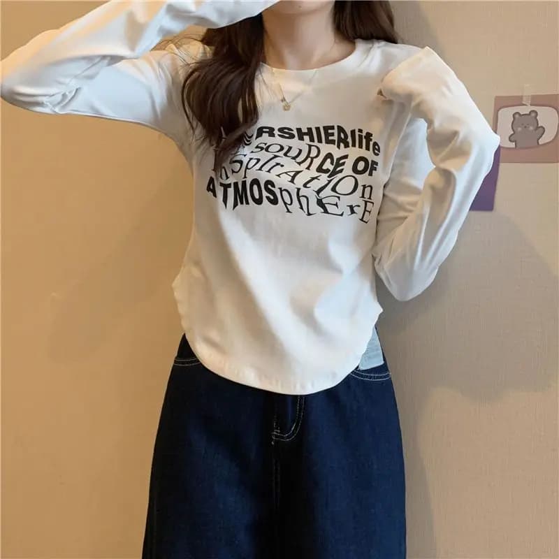 T-Shirt Casual Versatile a Maniche Lunghe con Collo Tondo, Design Slim Fit Autunnale per Donna, Top Trendy in Misto Cotone e Spandex con Stampa