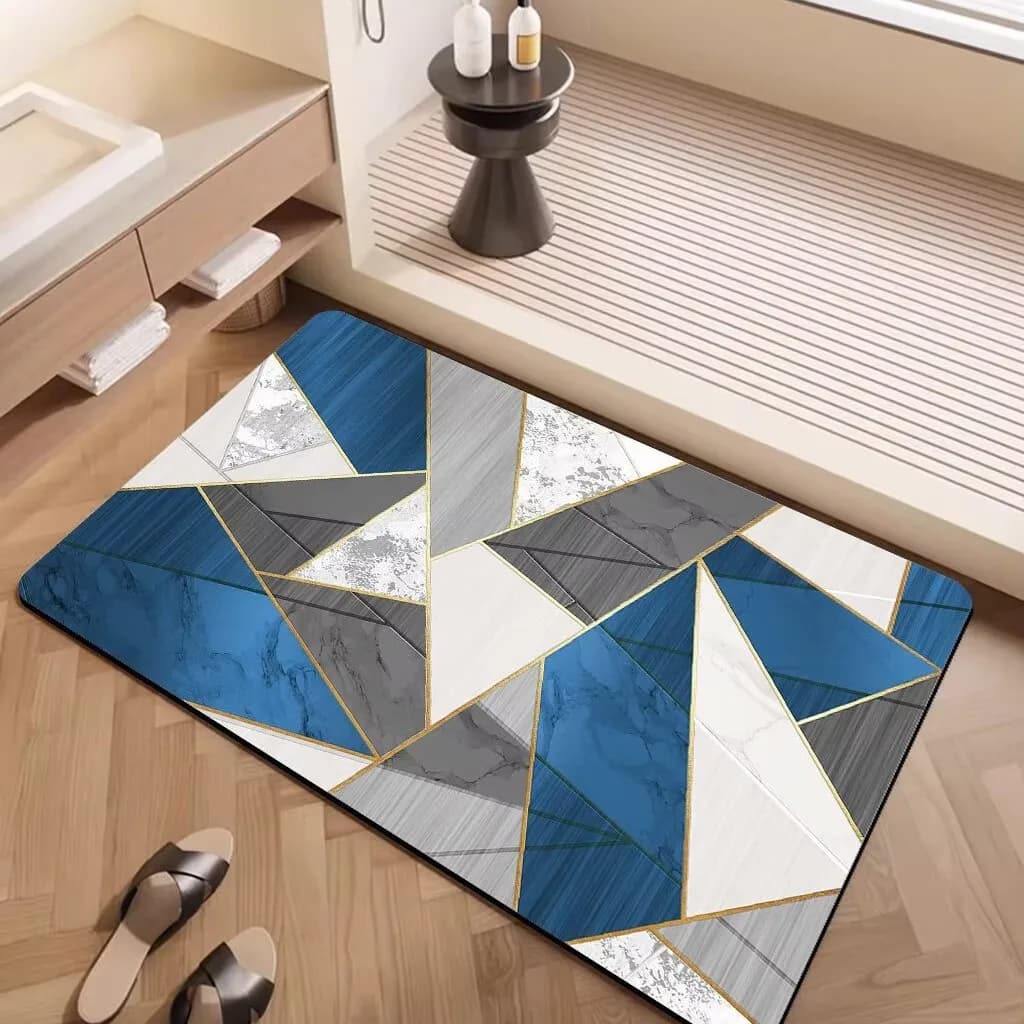 Luxury Blue Geometric Mat, Rapid Drying Anti-slip Bath Mat, Absorbent Mat with Triangular Motive