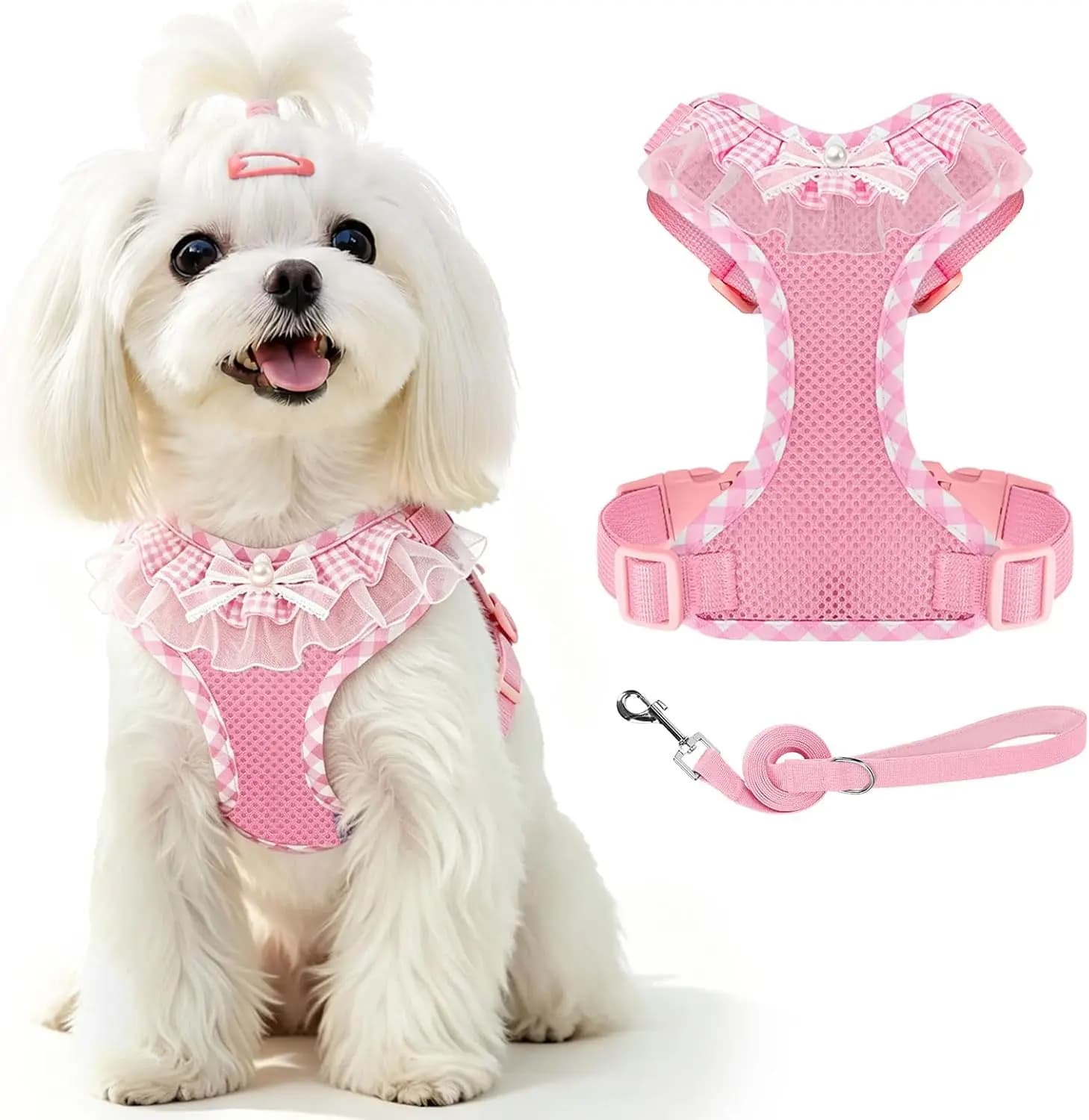 Ruffle Plaid Dog Harness with Leash Set, Breathable No Pull Vest for Small Dogs, Adjustable Escape Proof Pet Harness