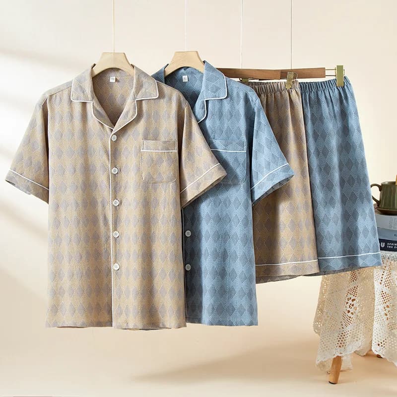 2026 Nuovi Uomini di Estate Pigiama Set 100% Cotone Cardigan di Cotone Manica Corta Pantaloncini A Due Pezzi Set Allentato Casual Ampio Vestiti A Casa
