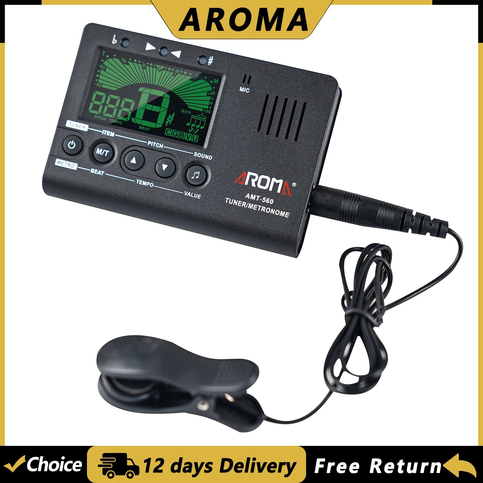 Accordatore e Metronomo Elettrico AROMA AMT-560 per Chitarra, Basso, Violino, Ukulele con Microfono Integrato e Cavo Pickup da 6,35mm