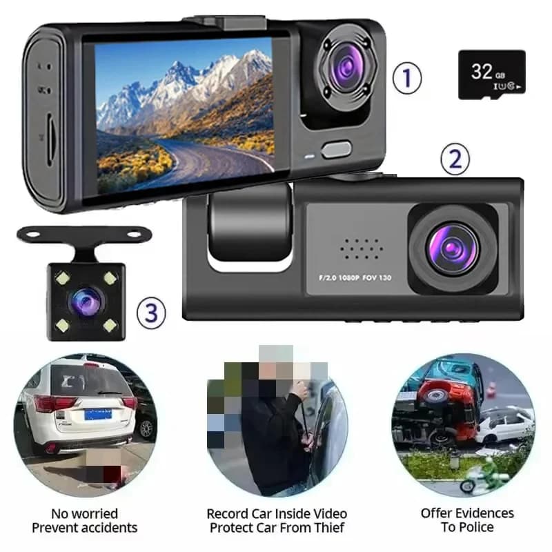 Dash Cam W/ IR Night Vision Loop Recording & 2" IPS Screen 1080P 3 Camera ， DVR recorder, video recorder, Vehicle DVR