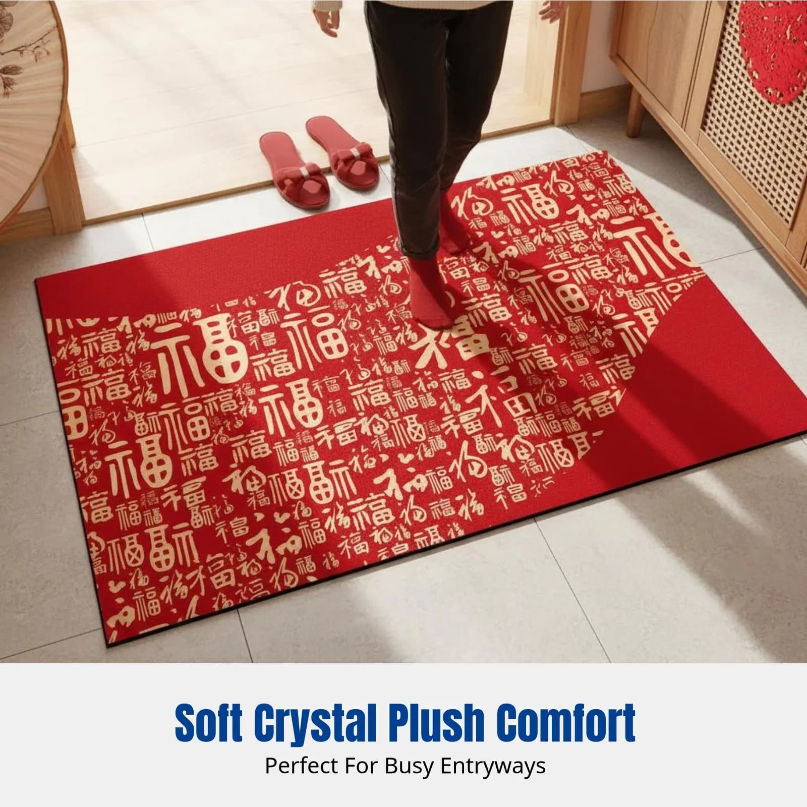 Entrance carpet with lucky charm, red carpet in plush with crystals, modern oriental design, home carpet, good luck gift