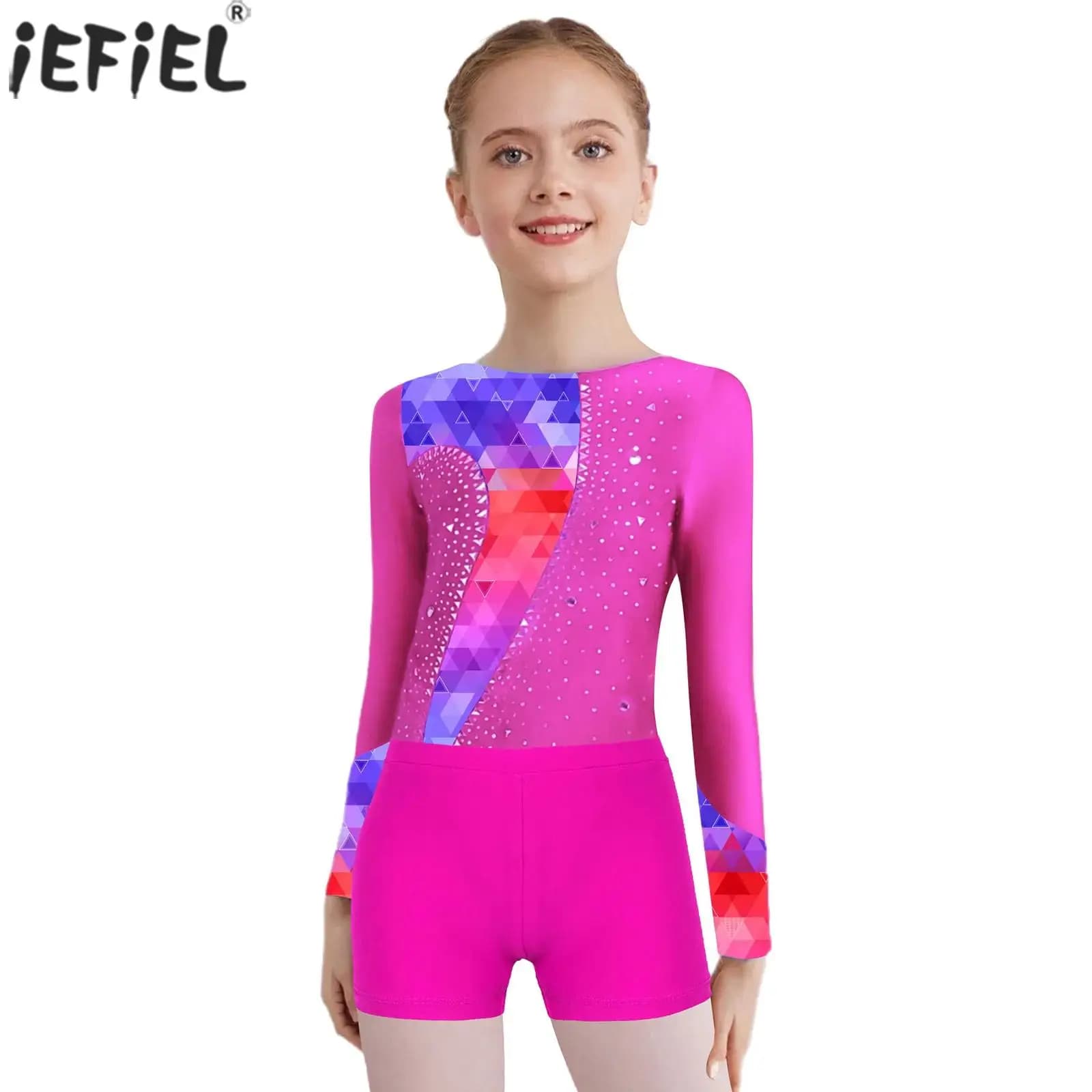 Bambini Ragazze Balletto Danza Ginnastica Body Lucido Strass Tuta con Pantaloncini Pattinaggio di Figura Acrobazie Performance Dancewear