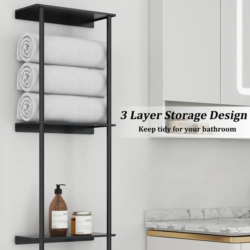 Wall towel rack at 3 levels with shelf and bar, storage bathroom organizer in matt black