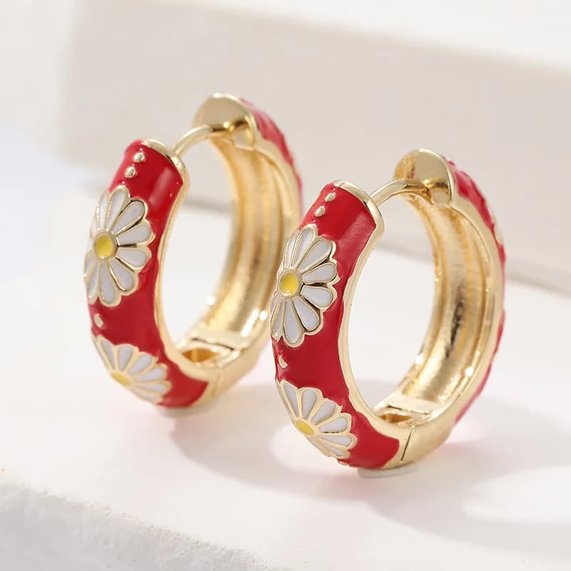 Gold Plated Hoop Earrings with Vintage Artificial Glazed Red Flower for Women exquisite jewelry accessories for fashion parties