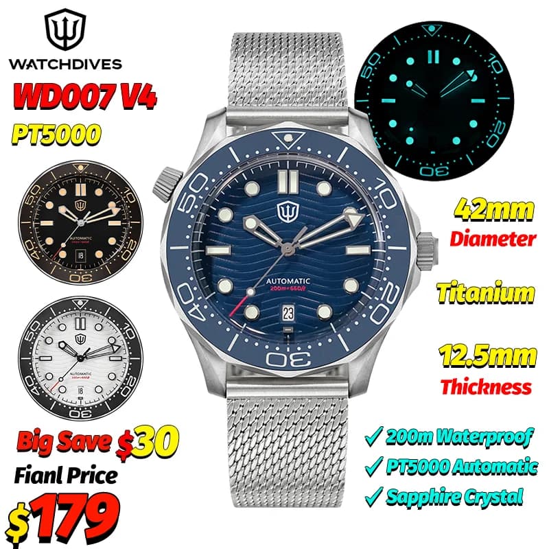 Watchdives WD007 V4 Men's Watches PT5000 Automatic Movement Watch with nylon strap Waterproof 200 m mechanical watches with gift box