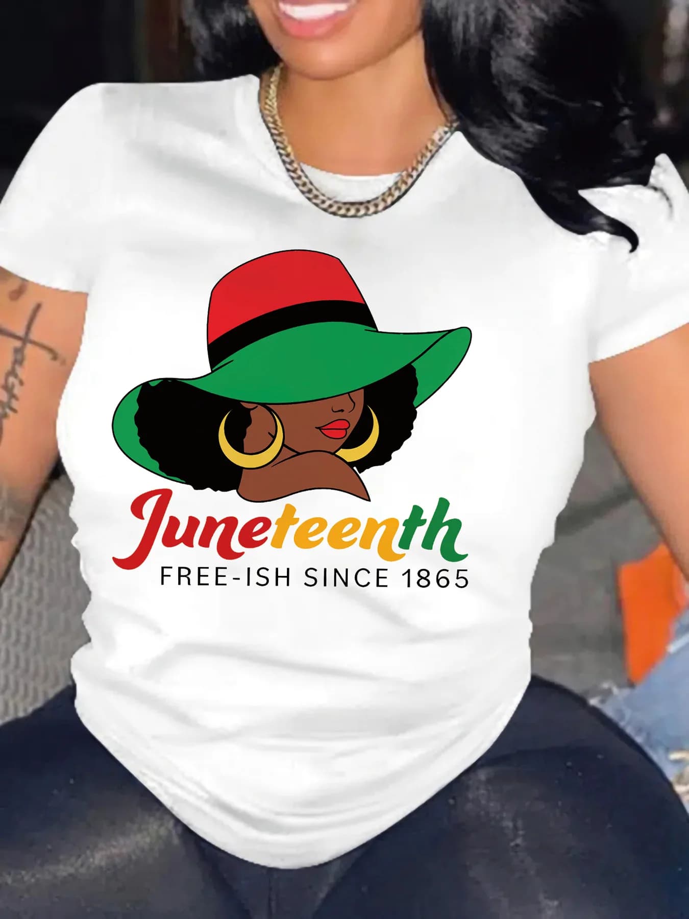 T-shirt nera da donna con stampa a tema Juneteenth, stile vacanza, primavera/estate, dal 1865