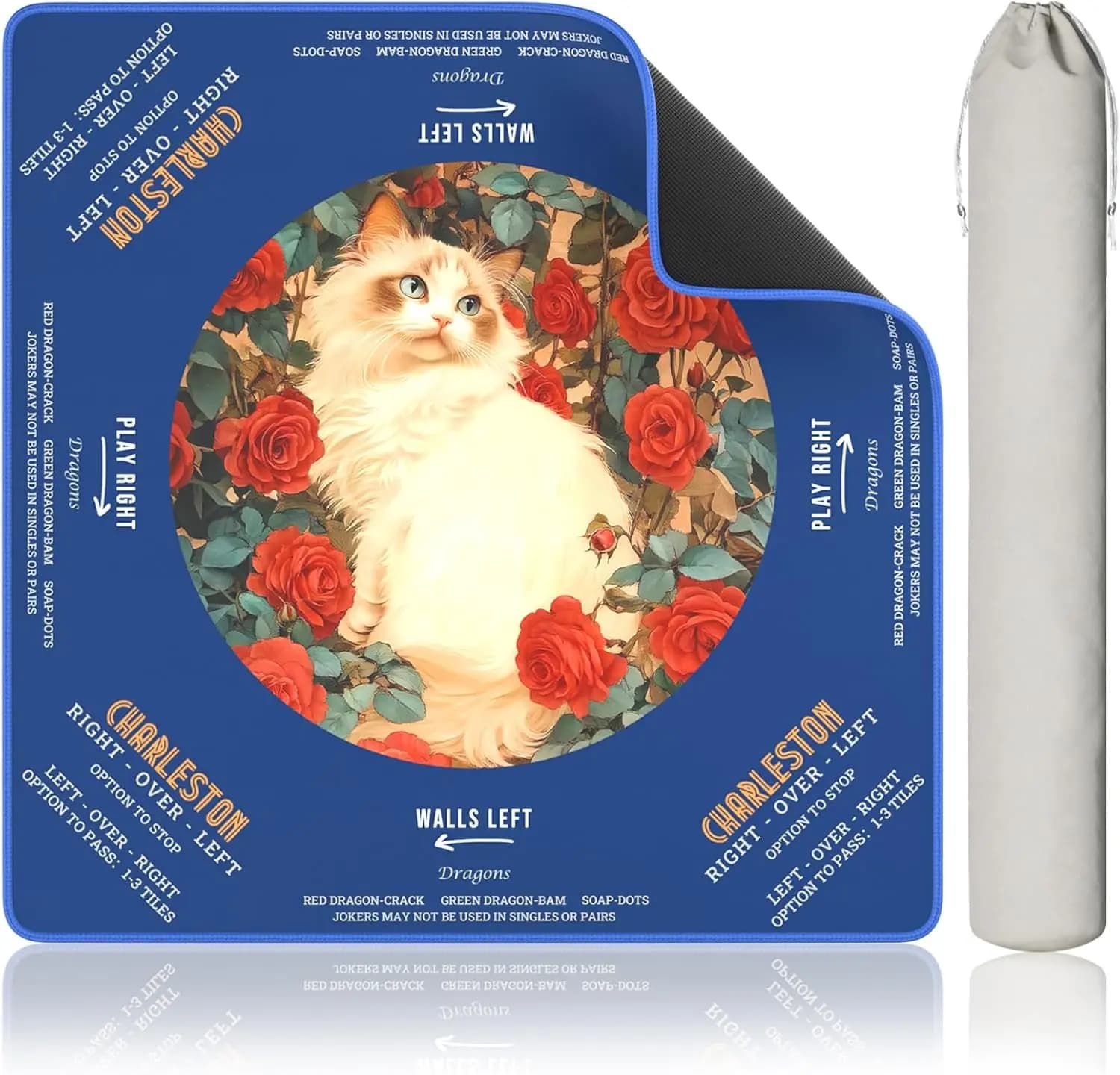 31.5" Non-Slip Mahjong Mat, Vintage Cat Rose Design, Foldable for American Mahjong & Tile Games