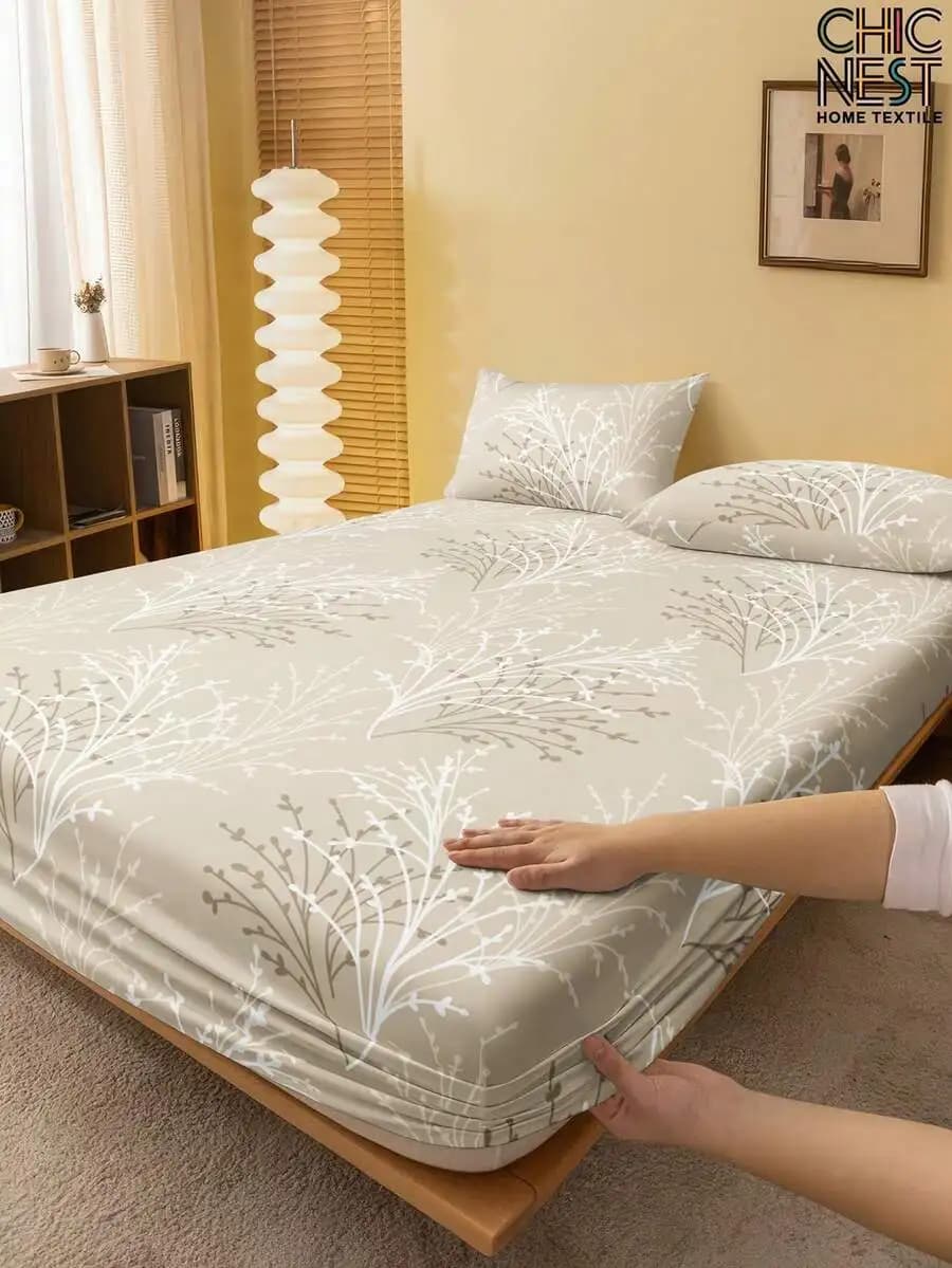 1Pc Green Plum Blossom Flower Pattern Fitted Sheet, Tree Branches Mattress Protector, Valentine's Day Mattress Cover For Bed,