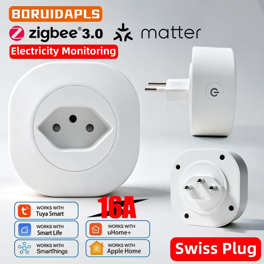 CH Matter/Zigbee 16A Smart Plug Tuya Smart Swiss Socket HomeKit SmartThings Google Home Voice Timer Home Power Energy Monitor