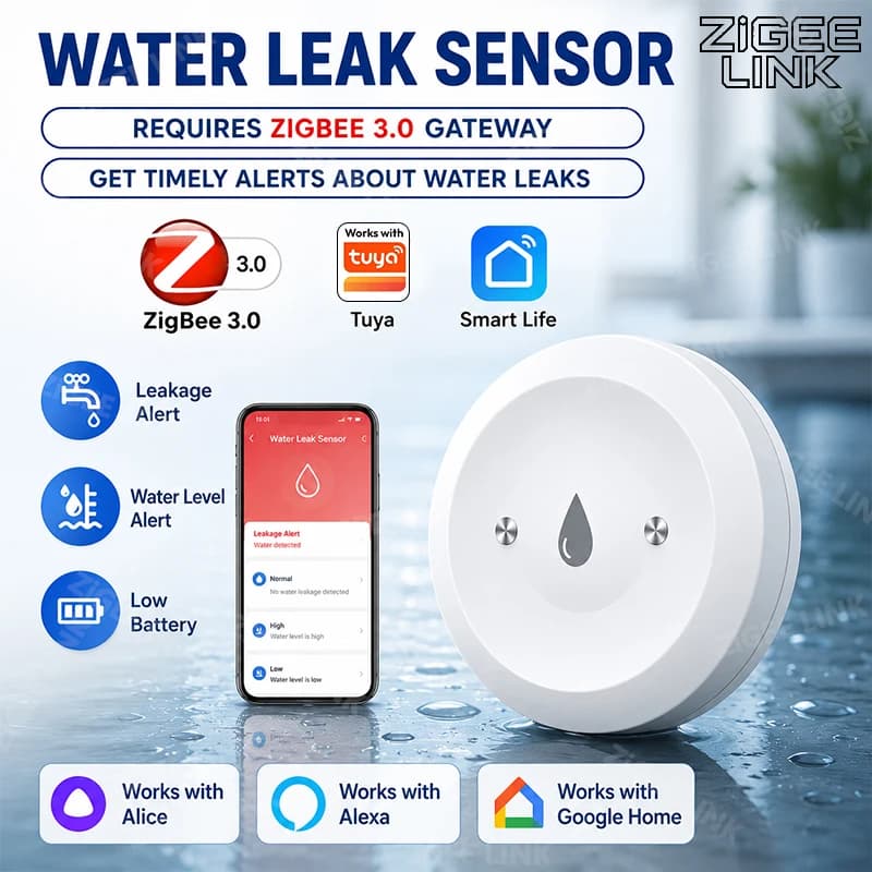 Zigbee Rilevatore d'acqua Sensore di perdite Allarme Rilevatore di perdite Sicurezza domestica intelligente Monitoraggio in tempo reale Supporto Assistente domestico Z2Mqtt