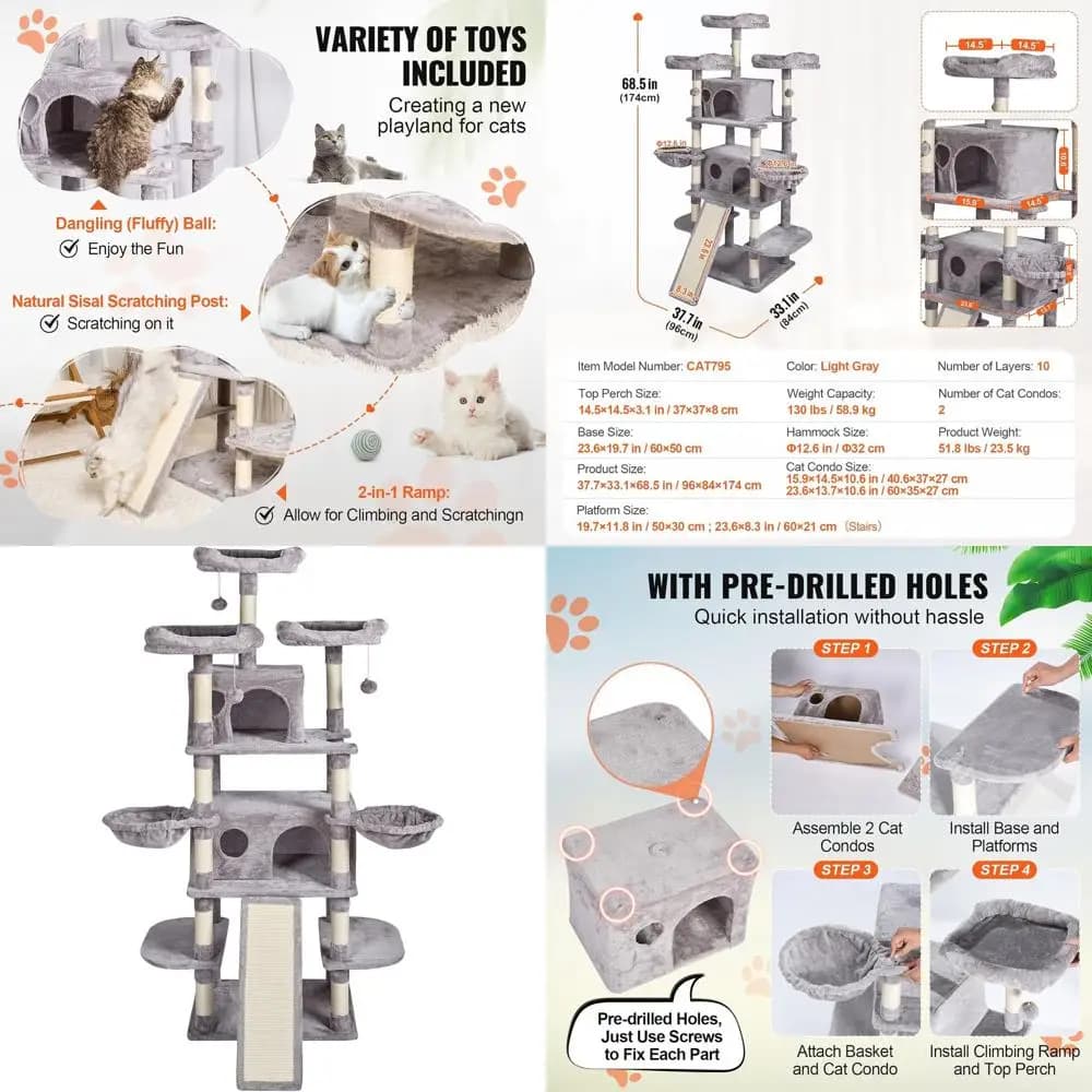 Albero per Gatti da Interno Grigio 68.5 cm con 2 Casette, Tiragraffi in Sisal, Amache, Posatoi, Piattaforme per Saltare e Palline Sospese
