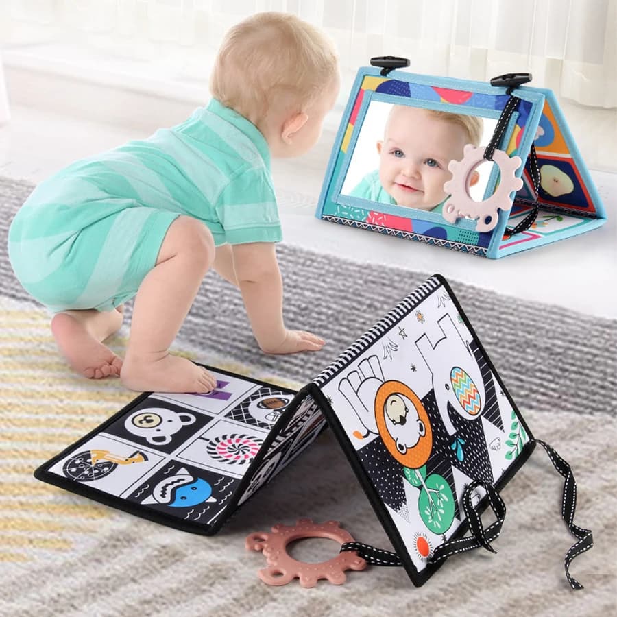 Culla pieghevole Giocattolo Attività Libro morbido per i più piccoli Tempo della pancia Specchio per bambini Giocattoli per neonati Sviluppo visivo Giocattoli per neonati Educativi