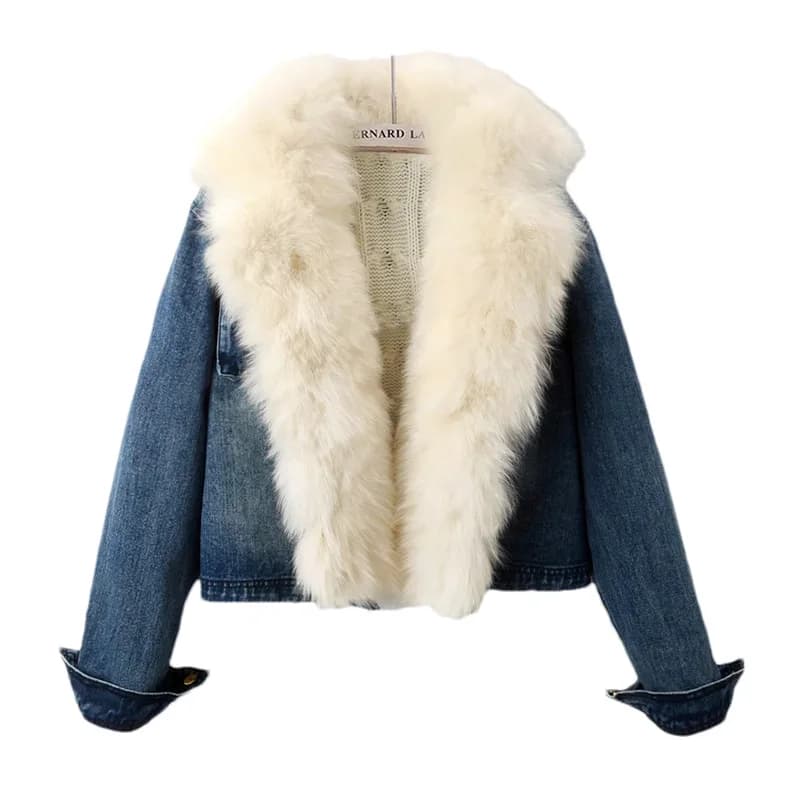 Donne invernali spesse naturali grandi collo di pelliccia di volpe fodera lavorata a maglia giacca di jeans capispalla da cowboy giacca di jeans corta allentata cappotto femminile