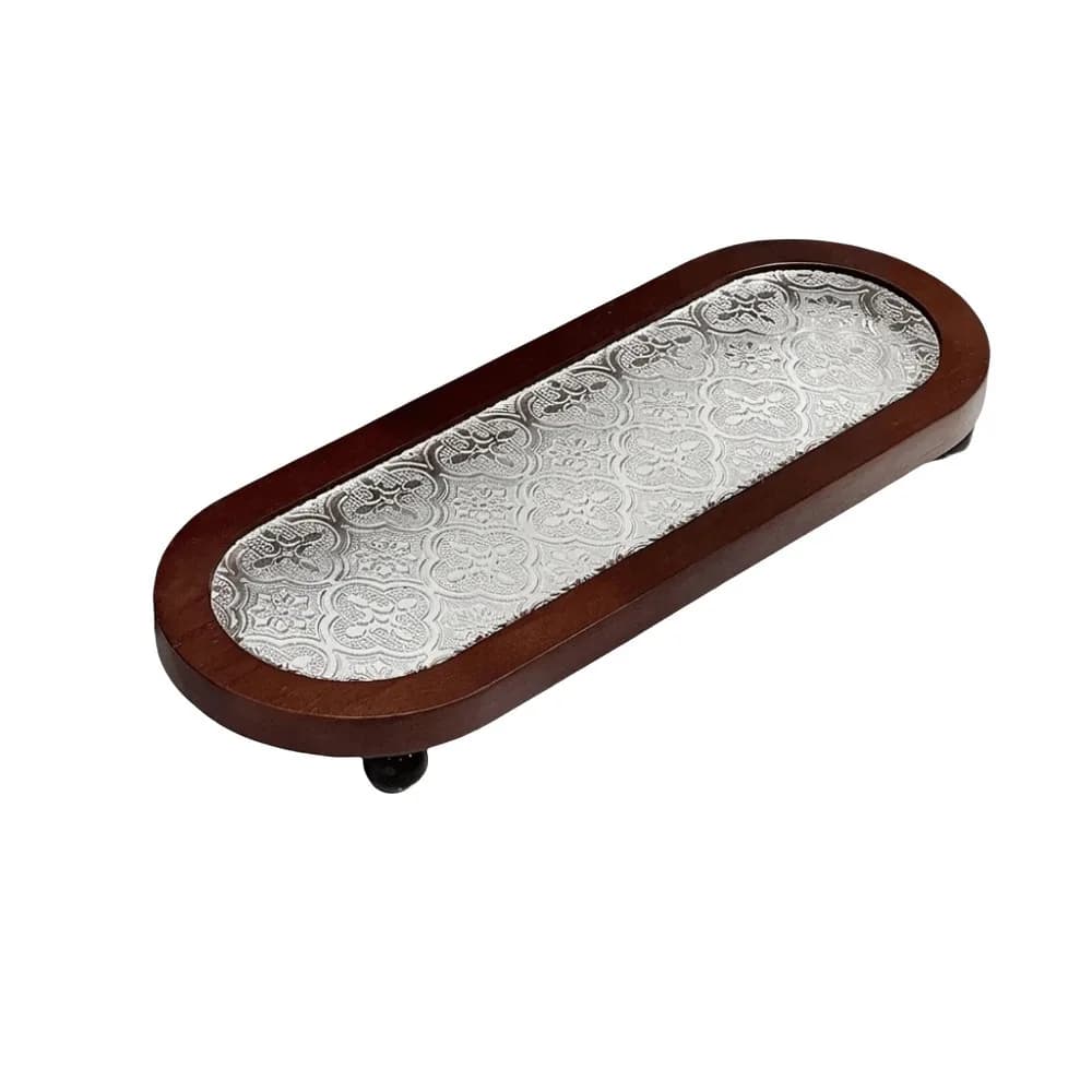 Embossed Pattern Oval Wooden Decorative Tray Large Capacity Space Saving Toothbrush Cup Holder Round Ball Feet