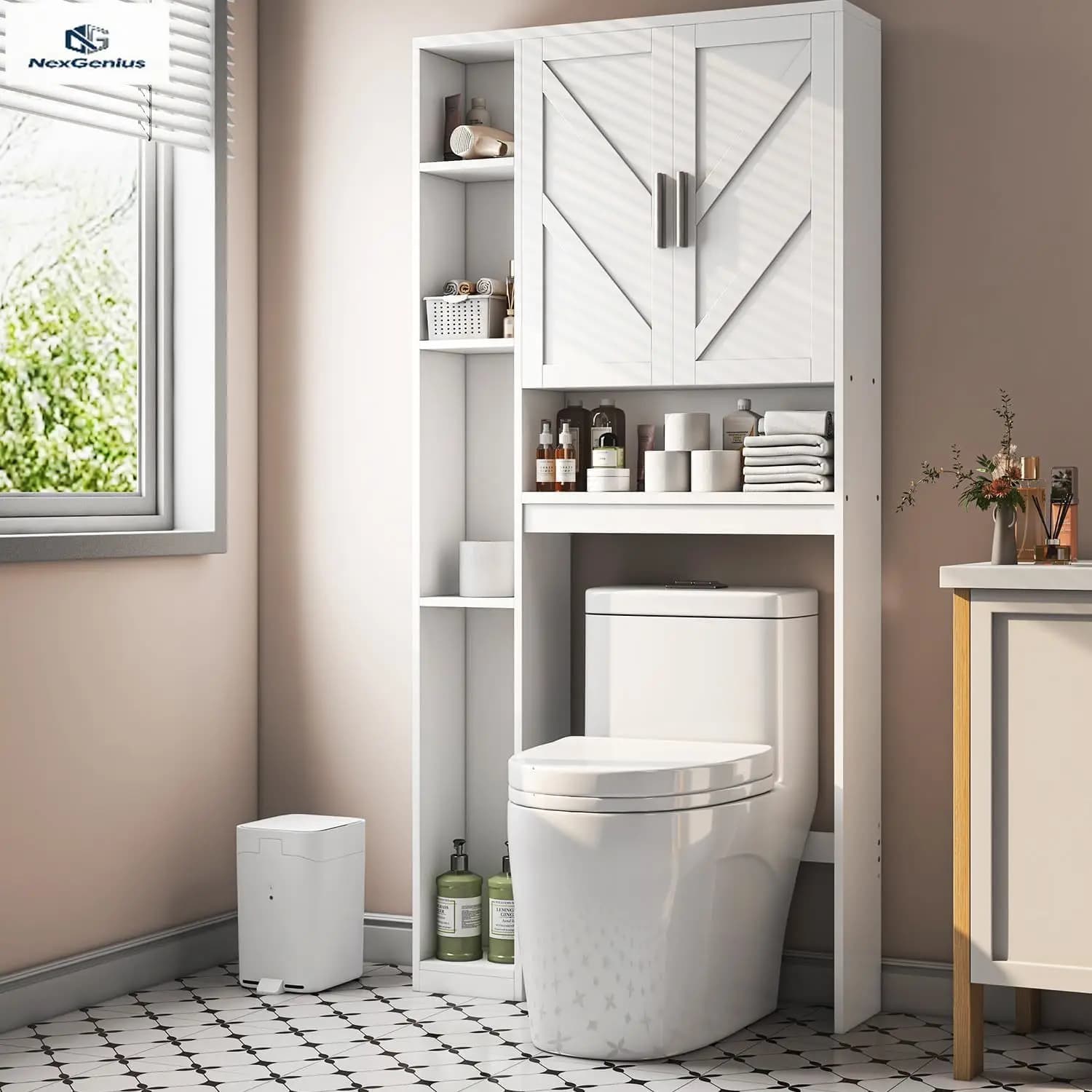 Mobiletto Salvaspazio Sopra il WC con 7 Ripiani, Organizzatore Bagno con Porta Carta Igienica, da Posizionare Dietro il WC