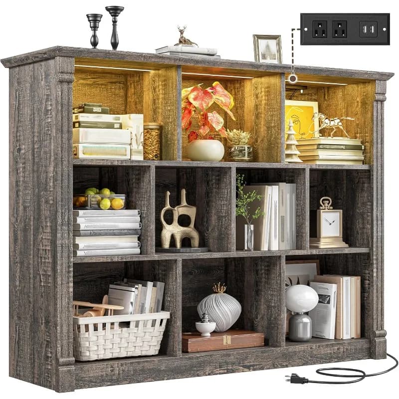 10 Cubic Storage Organizer with LED Light and Charging Station Showcase with Wooden Cube shelf for living room bedroom, outside