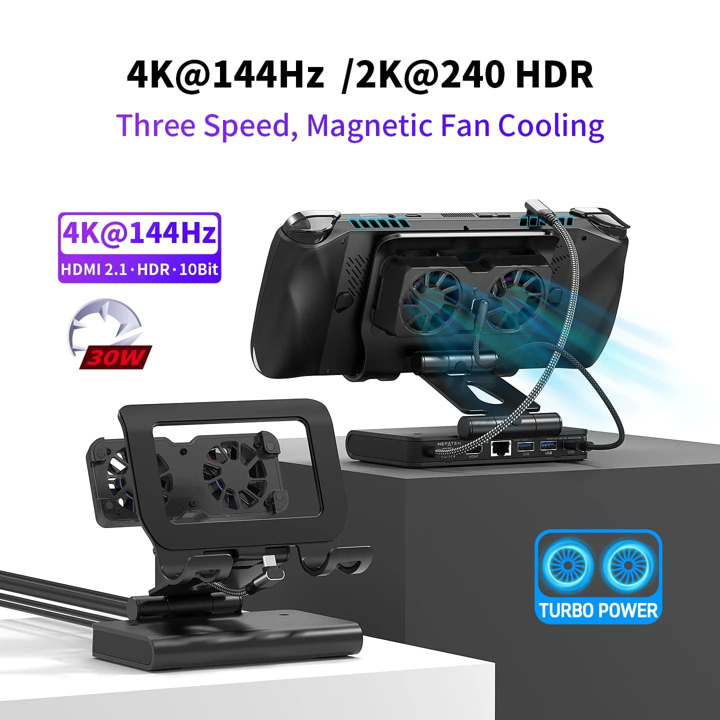 Docking Station con Doppia Ventola per Steam Deck, Rog Ally X, Legion Go, Msi Claw, Supporto Regolabile HDMI 4K Multi-Porta per Gaming