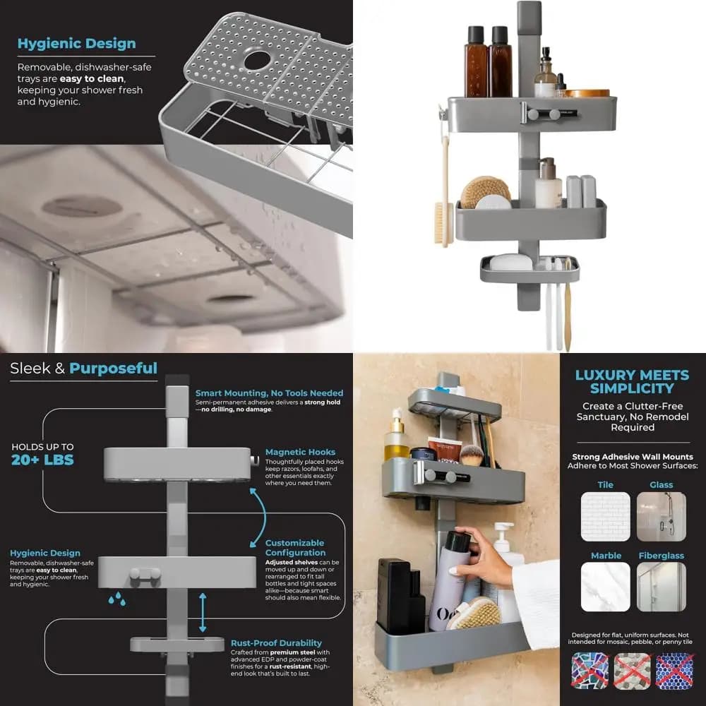 Anti-rust Shower Organizer - Suspended Shower Enclosure with Adjustable Shelves, Easy Trays to Clean and Magnetic Hooks - Graphite