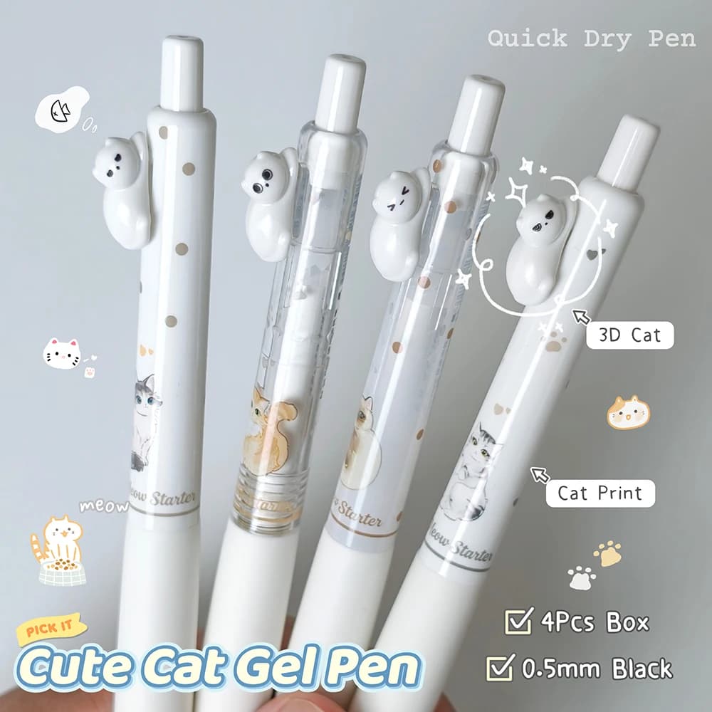 4Pcs Cat Style Gel Pen Set 0.5mm Fun Black Quick-Dry Pen White Series Writing Pens for Study & Office Use