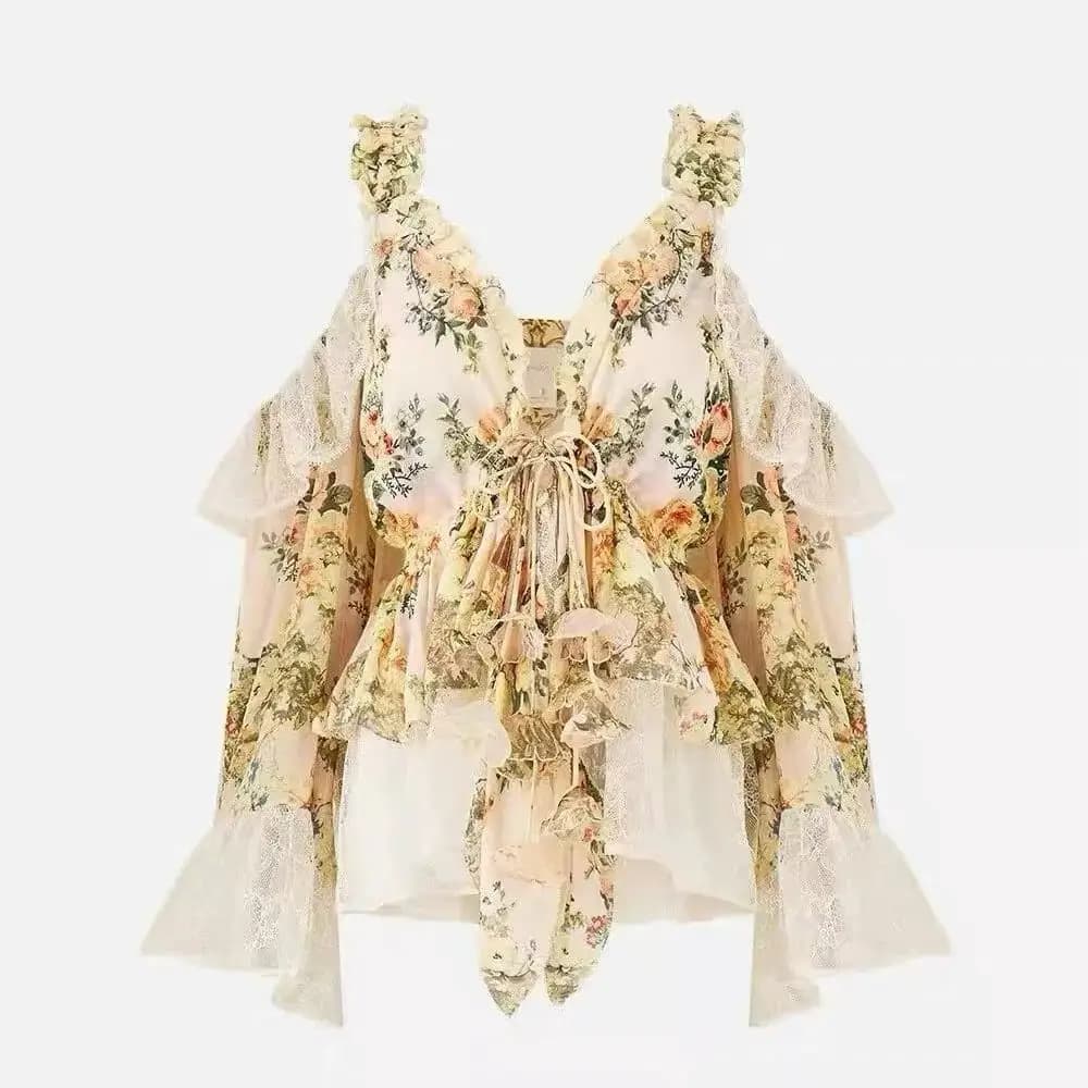 Camicetta patchwork ricamata in pizzo con stampa floreale da donna in seta al 100% Top con maniche svasate con spalle scoperte Top da donna eleganti