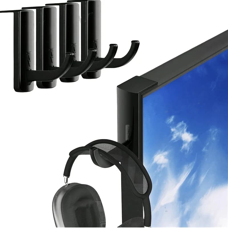 Supporto per cuffie con gancio per monitor, 4 pezzi, supporto per monitor con ganci adesivi neri, nessuna alimentazione richiesta, ganci multiuso