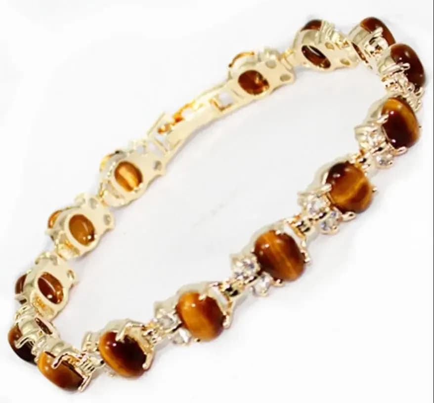 Bracciale da donna in pietra occhio di tigre con uovo verticale placcato oro