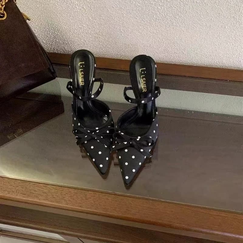 Spring and Summer New French Polka Dot Pointed-Toe Flat Sandals for Women Strappy Backless High Heels with Bow and Thin Heel