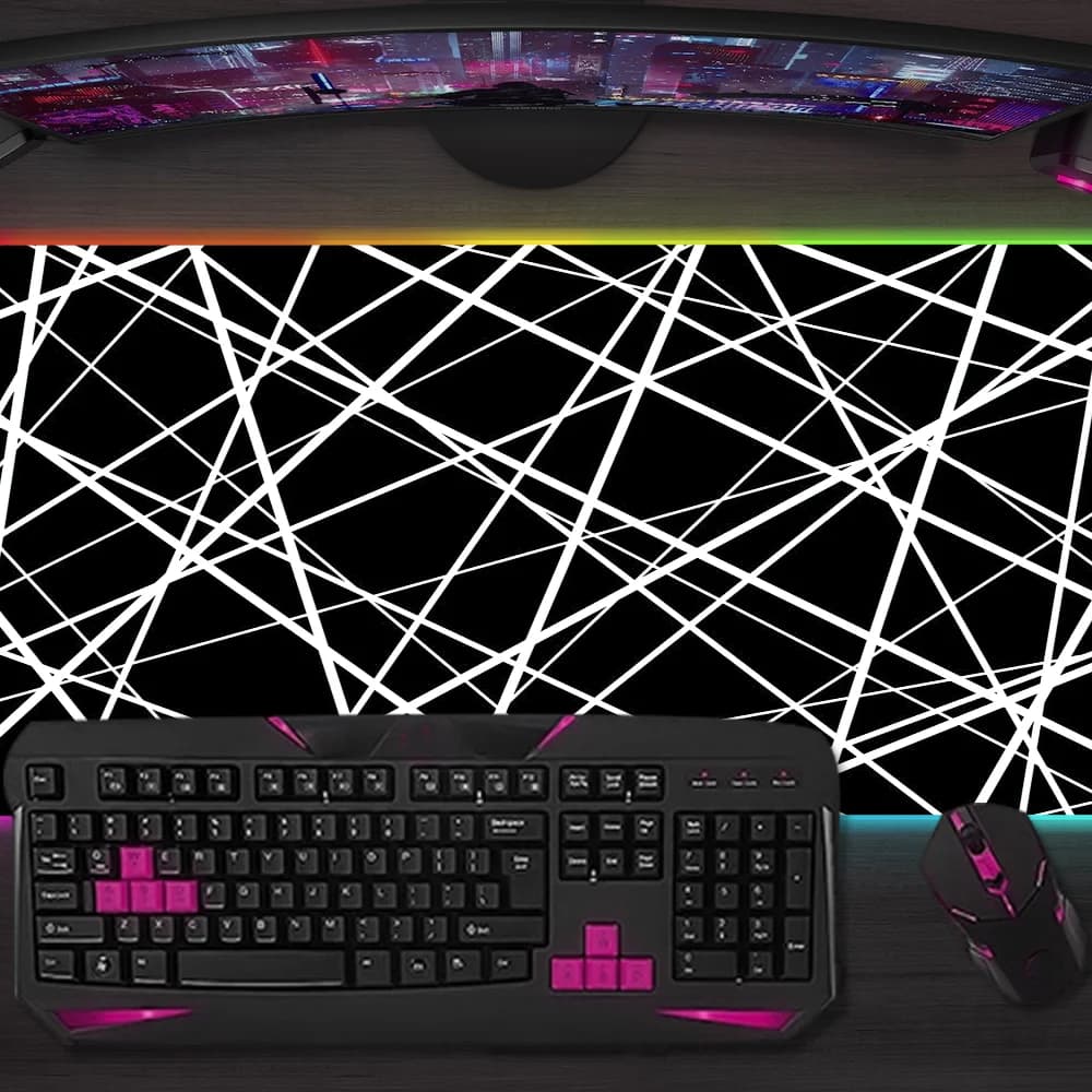 Divertente tappetino per mouse nero con curva bianca, tappetino per mouse da gioco, tappetini da tavolo a LED, tappetini da scrivania RGB retroilluminati in gomma con micro USB, tappetini da scrivania XXL