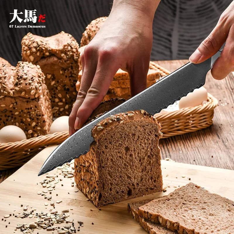 8 inch bread knife 67 layers Damascus VG10 Steel saw blade Bistecca Mannaia for barbecue Kitchen knives Wooden handle Cooking tools