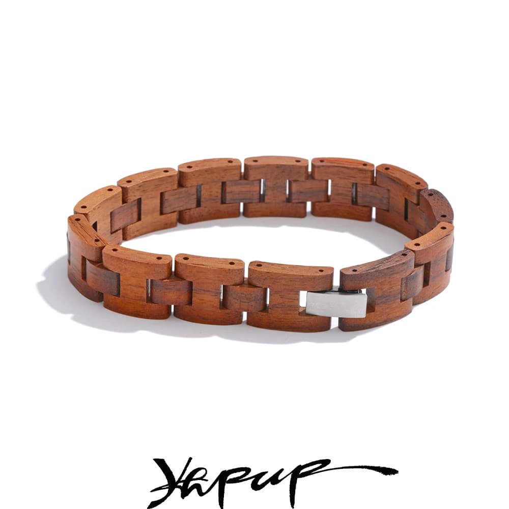 Yhpup 22cm Gentleman Vintage Stylish Natural Wooden Chain Men Bracelet Statement Trending Bangle Tarnish Free Jewelry Recommend