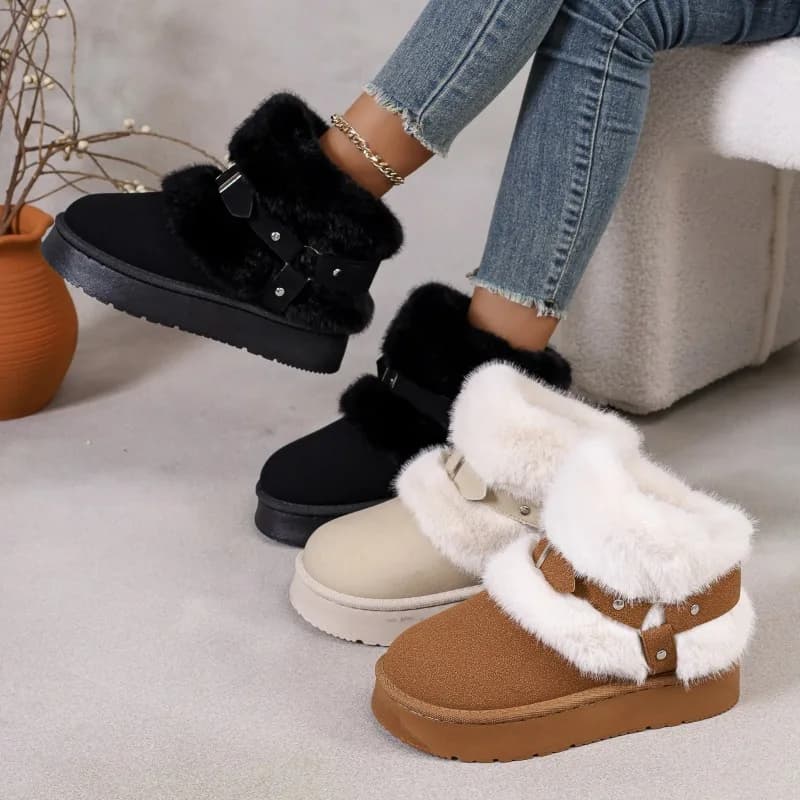 Plush Snow Boots Women's 2026 Fall Winter New Platform Belt Buckle Cuffed Warm Cotton Shoes