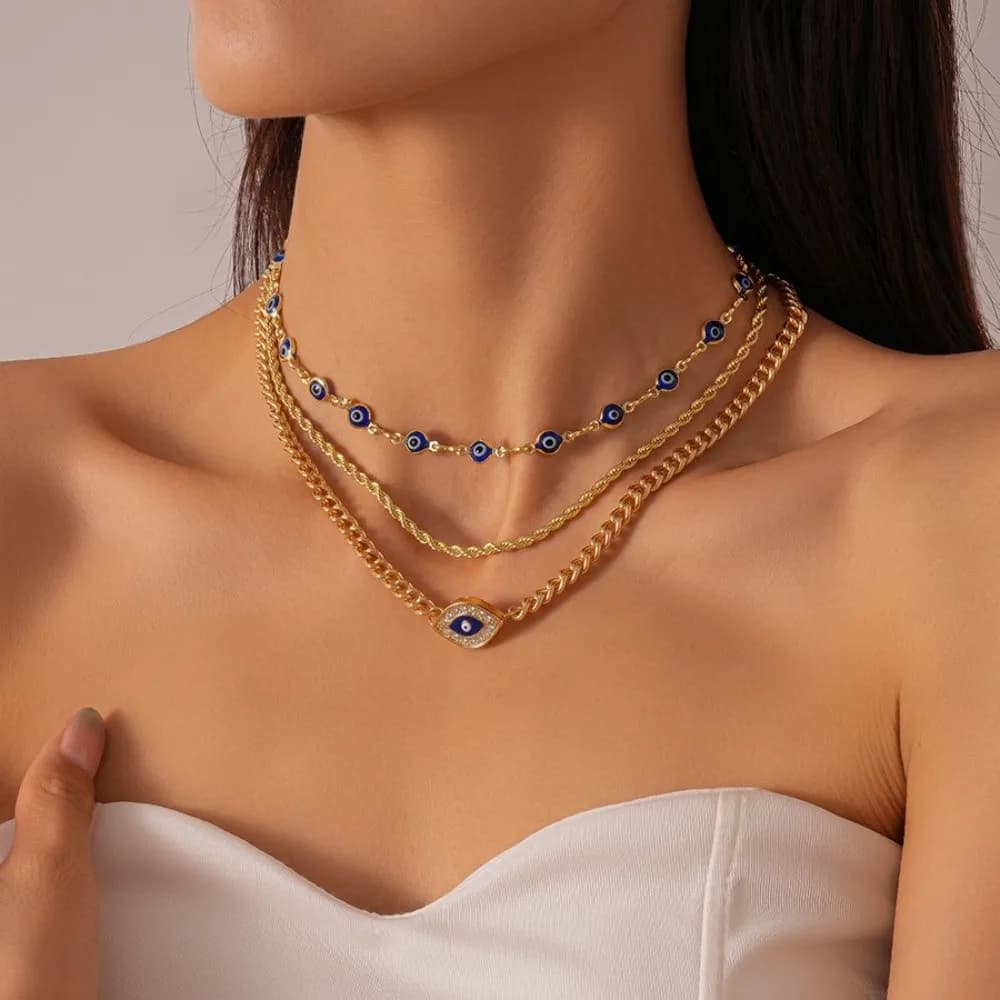 3Pcs Devil's Eye Devil's Eye Necklace Set Tassel Alloy Metal Chain Necklace Vintage Multi-layer Punk Gothic Necklace Women Gifts
